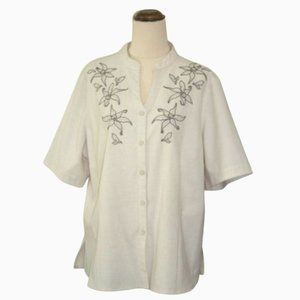 Vintage Noni Shirt Size 16 Off White Floral Embroidery Linen Blend
